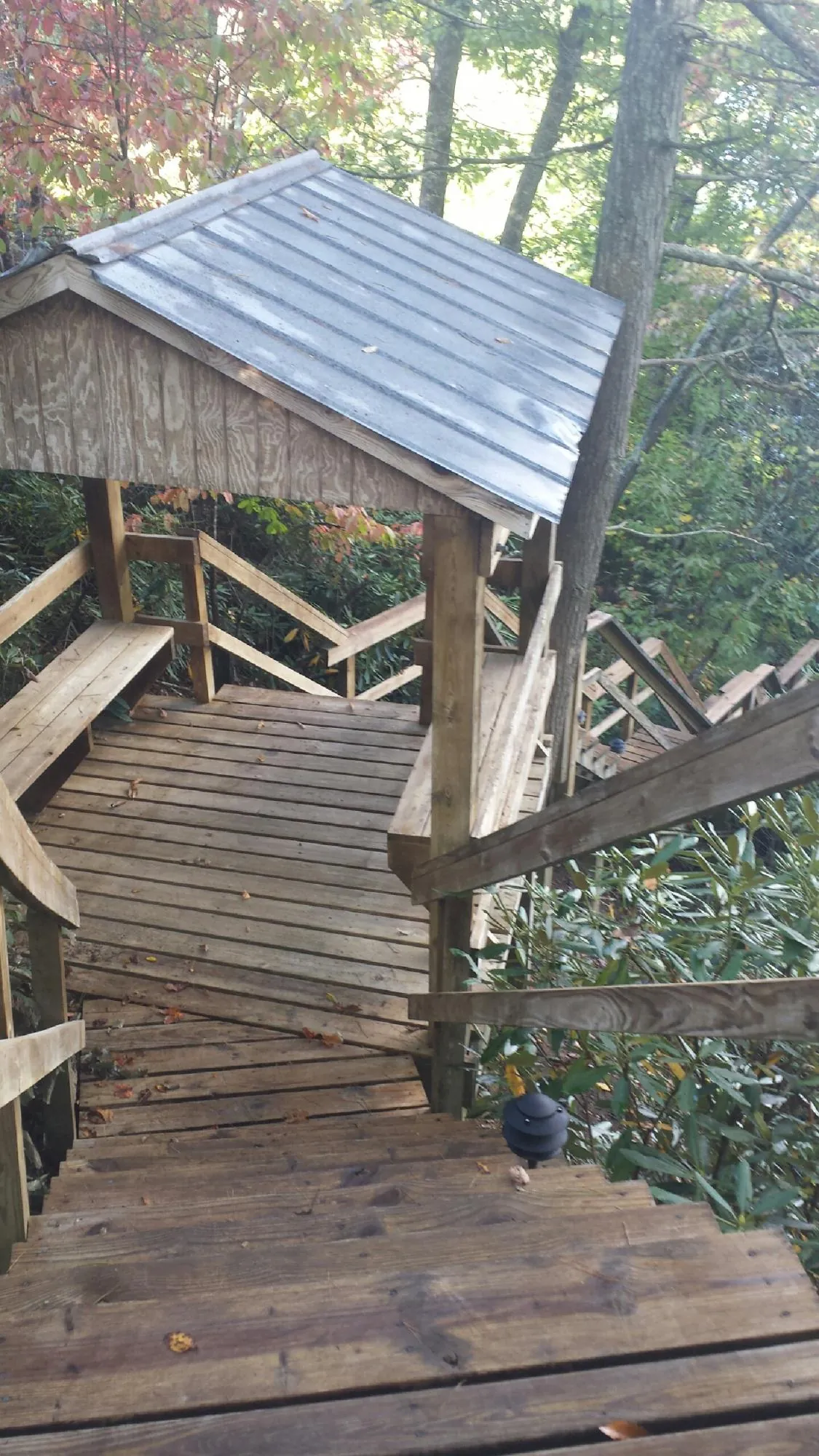 Metal roofed shelter over wooden steps on a wooded walkway — Skylight Repair & Installation work by our crew in Mount Ulla